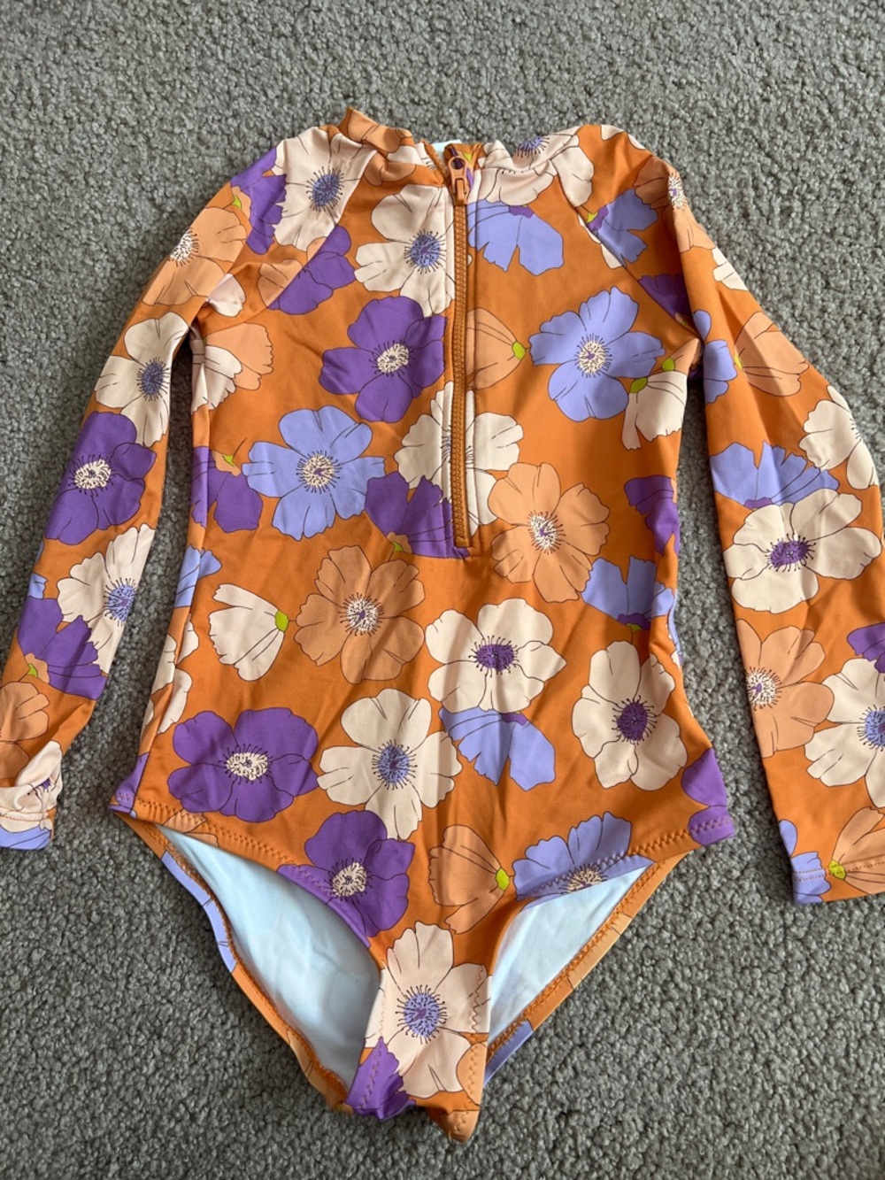 Zara Orange Floral Long-Sleeve One-Piece Swimsuit with Purple Accents